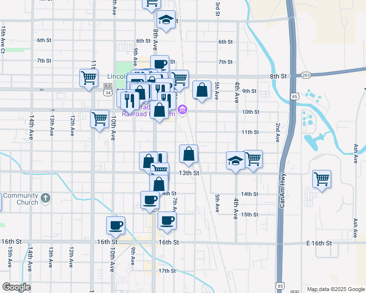 map of restaurants, bars, coffee shops, grocery stores, and more near 1130 7th Ave in Greeley