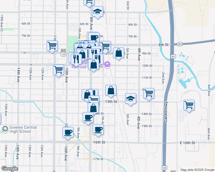 map of restaurants, bars, coffee shops, grocery stores, and more near 1130 7th Avenue in Greeley