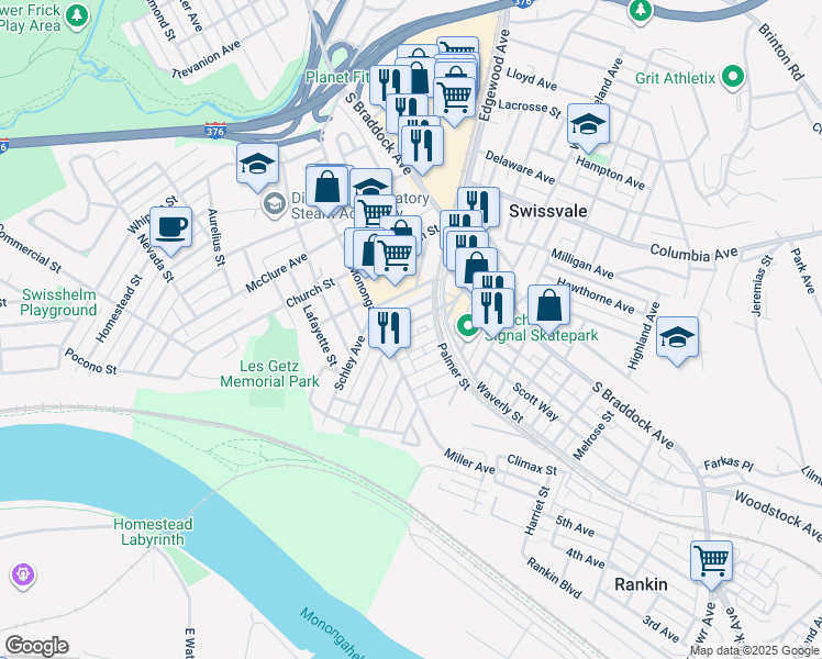 map of restaurants, bars, coffee shops, grocery stores, and more near 7421 Washington Avenue in Pittsburgh