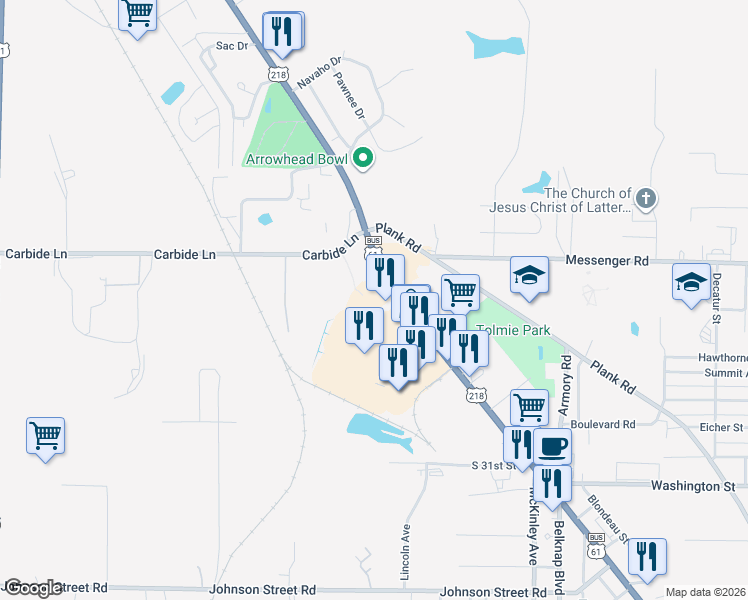 map of restaurants, bars, coffee shops, grocery stores, and more near 3450 Main Street in Keokuk