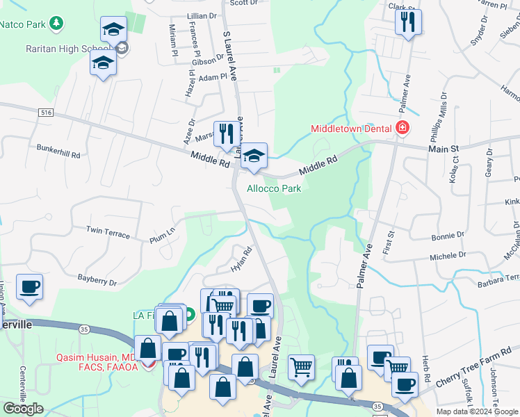 map of restaurants, bars, coffee shops, grocery stores, and more near 30 Agostina Drive in Holmdel