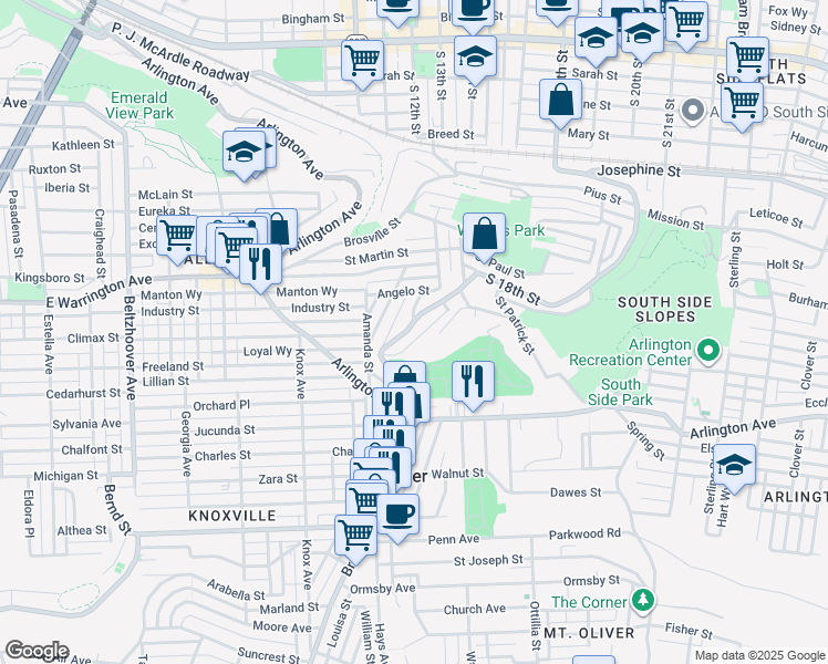 map of restaurants, bars, coffee shops, grocery stores, and more near 2647 South 18th Street in Pittsburgh