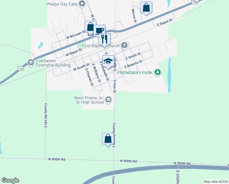 map of restaurants, bars, coffee shops, grocery stores, and more near 600 South Hun Street in Colchester