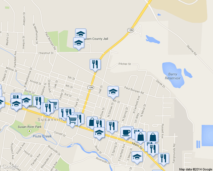 map of restaurants, bars, coffee shops, grocery stores, and more near 525 Hall Street in Susanville
