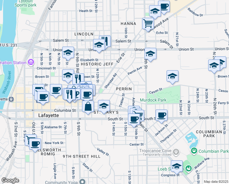 map of restaurants, bars, coffee shops, grocery stores, and more near 304 Perrin Avenue in Lafayette