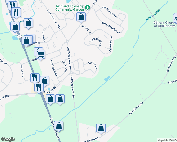 map of restaurants, bars, coffee shops, grocery stores, and more near 2037 Morgan Creek Drive in Quakertown