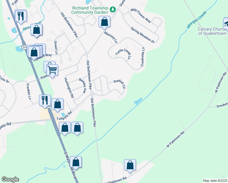 map of restaurants, bars, coffee shops, grocery stores, and more near 2037 Morgan Creek Drive in Quakertown