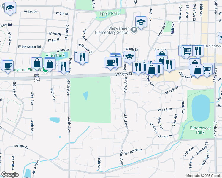 map of restaurants, bars, coffee shops, grocery stores, and more near 1125 Ward Drive in Greeley