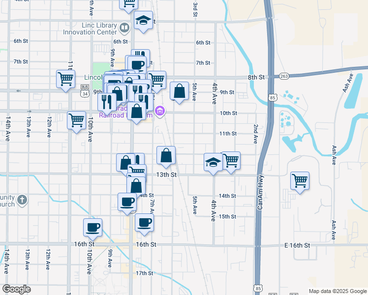 map of restaurants, bars, coffee shops, grocery stores, and more near 518 11th Street in Greeley