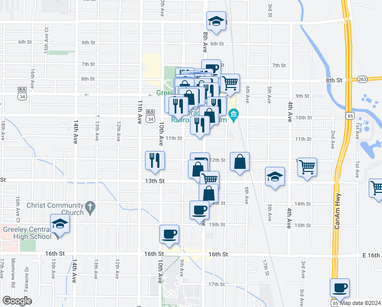 map of restaurants, bars, coffee shops, grocery stores, and more near 1112 9th Avenue in Greeley