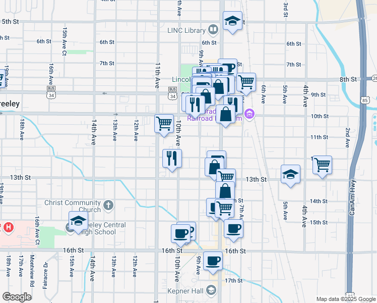 map of restaurants, bars, coffee shops, grocery stores, and more near 1118 10th Avenue in Greeley