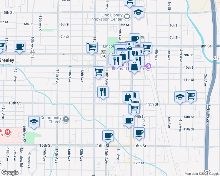 map of restaurants, bars, coffee shops, grocery stores, and more near 1118 10th Avenue in Greeley