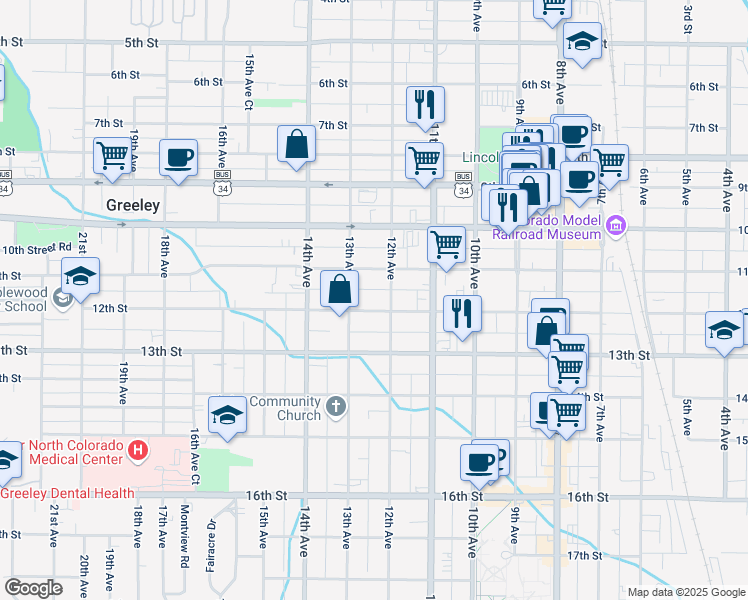 map of restaurants, bars, coffee shops, grocery stores, and more near 1117 12th Avenue in Greeley
