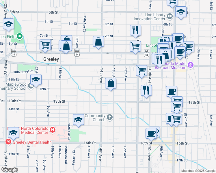 map of restaurants, bars, coffee shops, grocery stores, and more near in Greeley