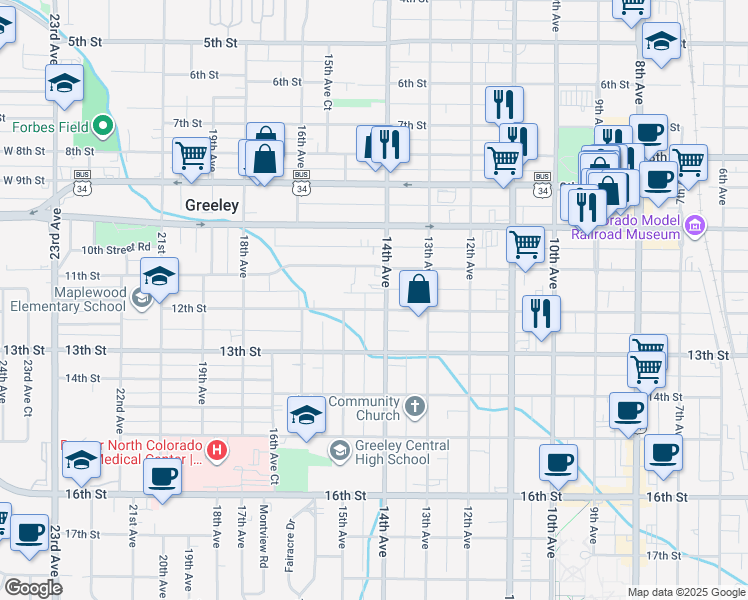 map of restaurants, bars, coffee shops, grocery stores, and more near 1110 14th Avenue in Greeley