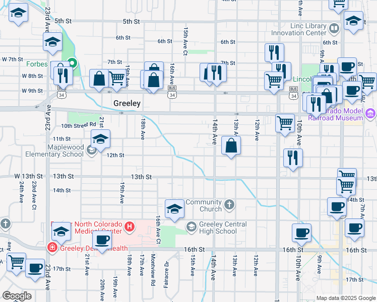 map of restaurants, bars, coffee shops, grocery stores, and more near 1524 11th Street in Greeley