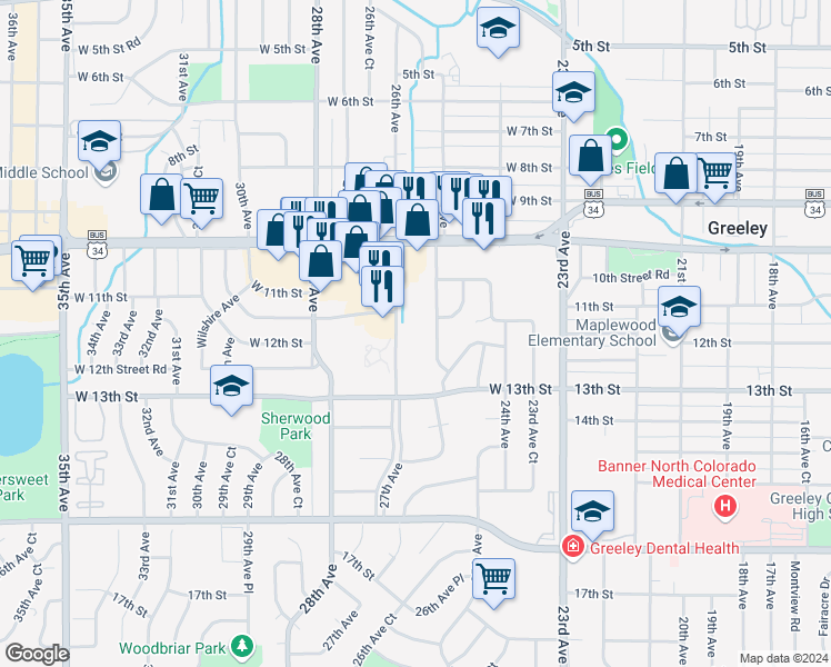 map of restaurants, bars, coffee shops, grocery stores, and more near 1143 25th Avenue in Greeley