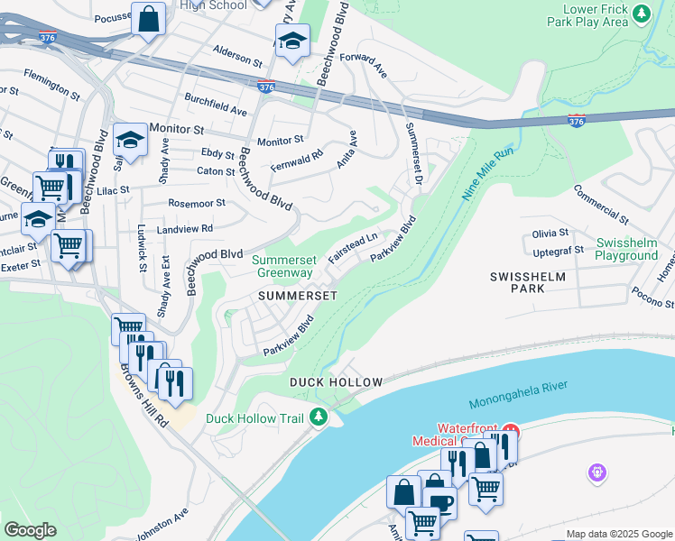 map of restaurants, bars, coffee shops, grocery stores, and more near 1328 Fairstead Lane in Pittsburgh