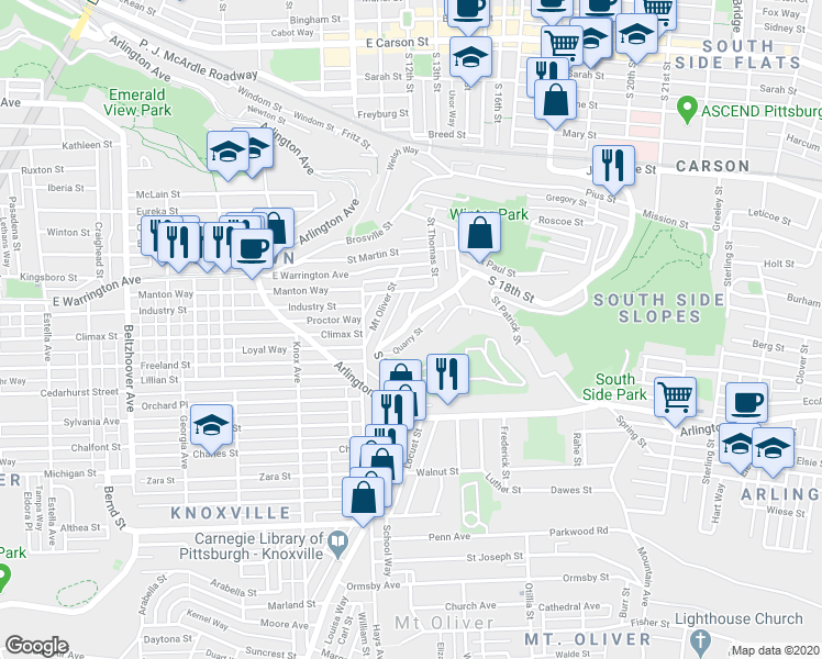 map of restaurants, bars, coffee shops, grocery stores, and more near 2629 South 18th Street in Pittsburgh