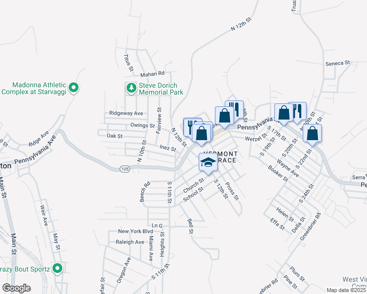 map of restaurants, bars, coffee shops, grocery stores, and more near 250 Owings Street in Weirton