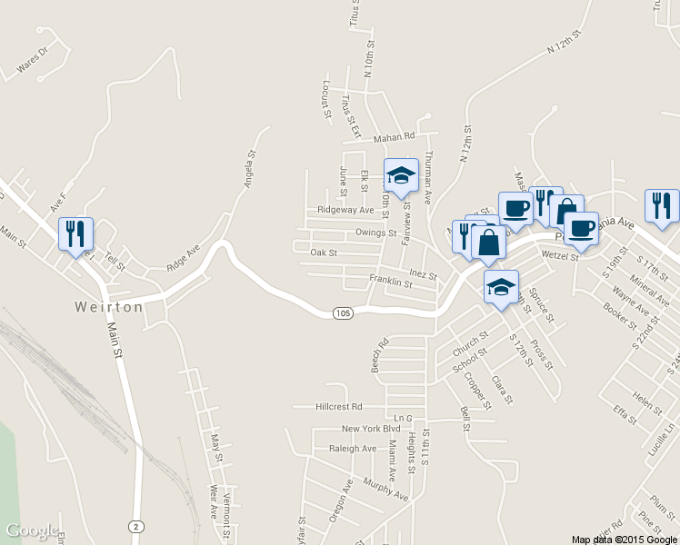 map of restaurants, bars, coffee shops, grocery stores, and more near 145 Franklin Street in Weirton