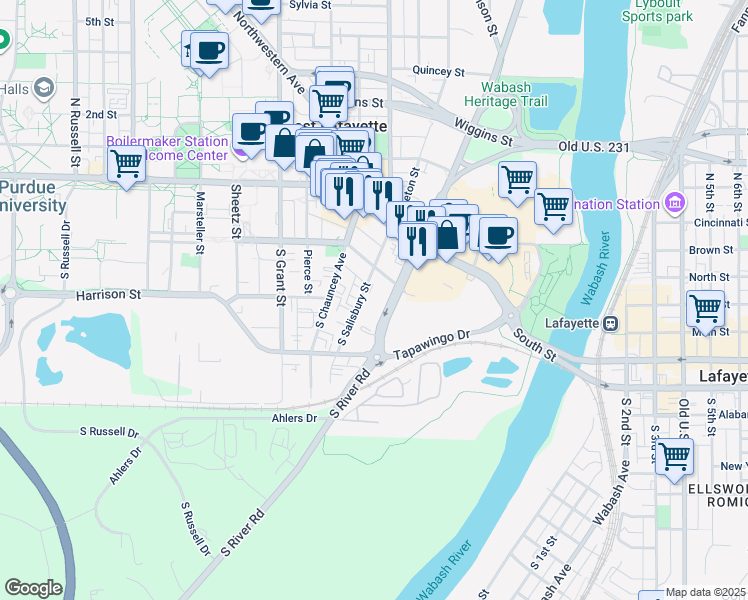 map of restaurants, bars, coffee shops, grocery stores, and more near 227 South Salisbury Street in West Lafayette