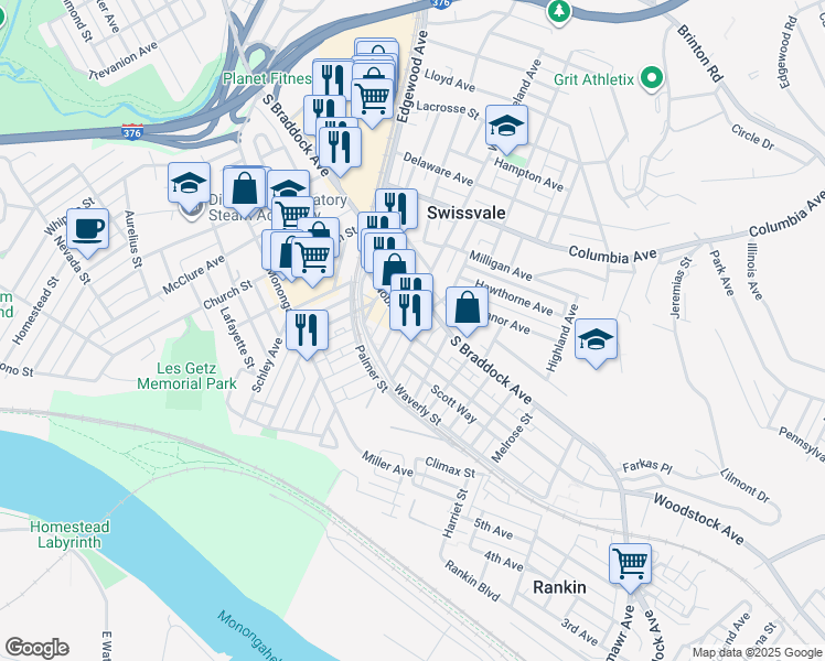 map of restaurants, bars, coffee shops, grocery stores, and more near 2038 Noble Street in Swissvale
