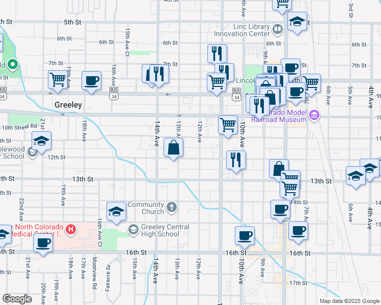 map of restaurants, bars, coffee shops, grocery stores, and more near 1213 12th Street in Greeley