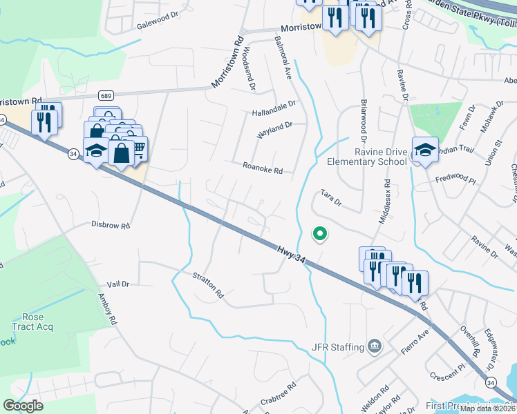 map of restaurants, bars, coffee shops, grocery stores, and more near 72 Letts Court in Matawan