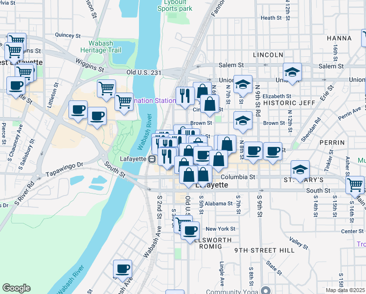 map of restaurants, bars, coffee shops, grocery stores, and more near 314 North 4th Street in Lafayette