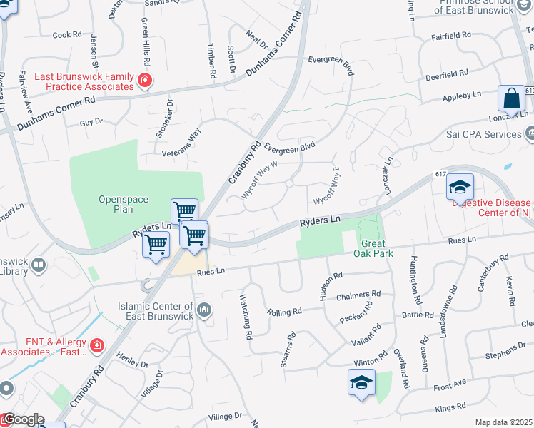 map of restaurants, bars, coffee shops, grocery stores, and more near 156 Hatfield Lane in East Brunswick