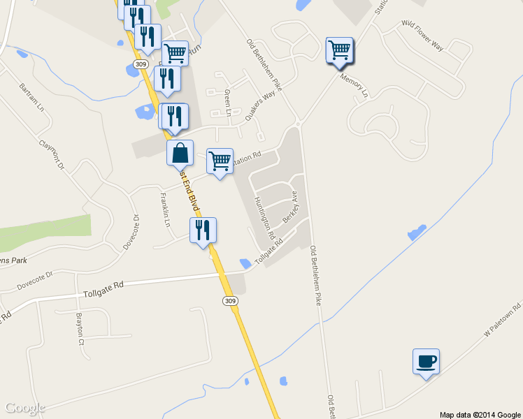 map of restaurants, bars, coffee shops, grocery stores, and more near Huntington Road in Quakertown
