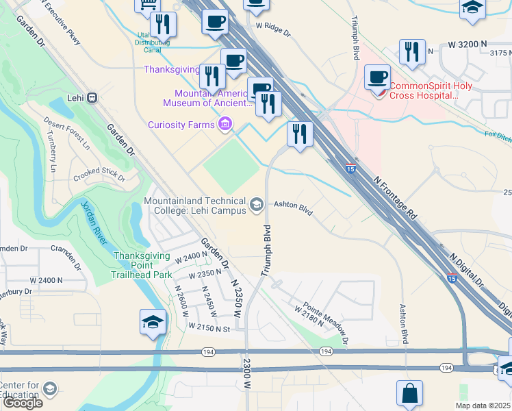 map of restaurants, bars, coffee shops, grocery stores, and more near 2100 Ashton Boulevard in Lehi