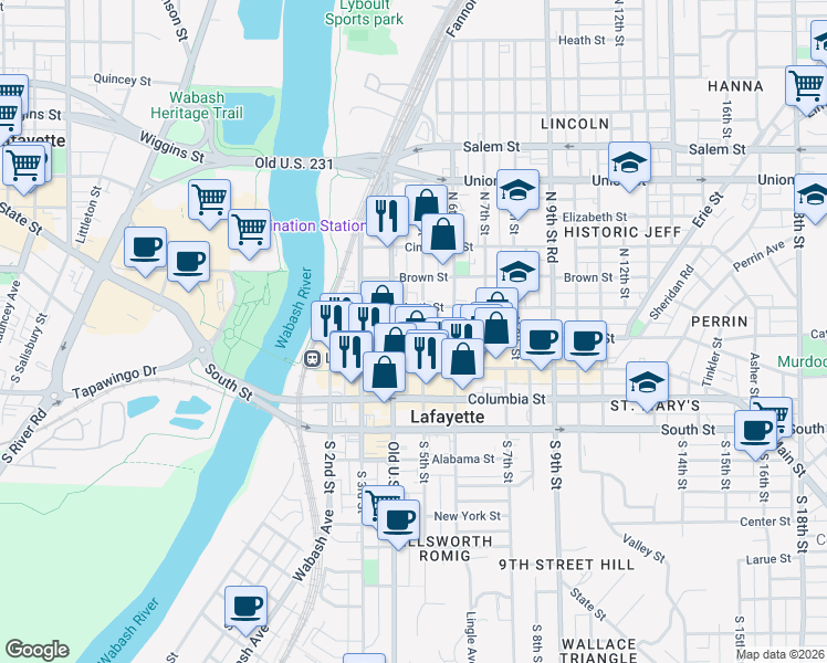 map of restaurants, bars, coffee shops, grocery stores, and more near 306 North 5th Street in Lafayette
