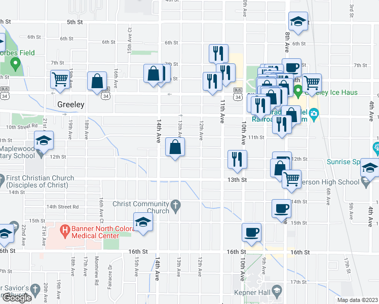 map of restaurants, bars, coffee shops, grocery stores, and more near 1217 12th Street in Greeley
