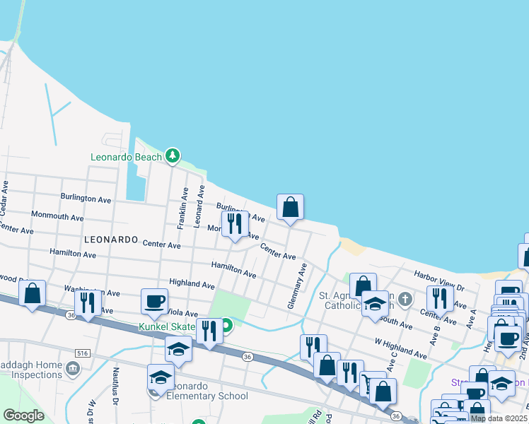 map of restaurants, bars, coffee shops, grocery stores, and more near 31 Burlington Avenue in Leonardo