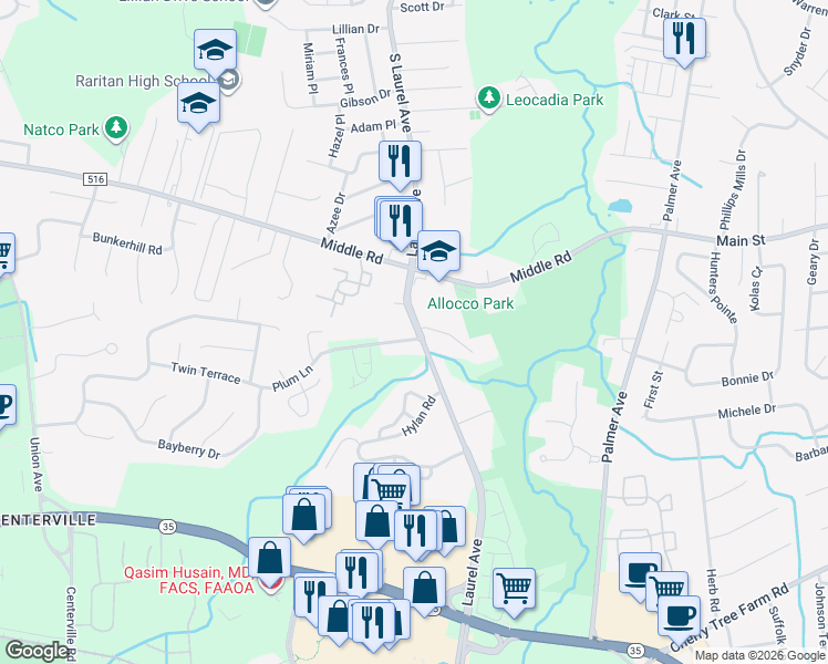 map of restaurants, bars, coffee shops, grocery stores, and more near 653 South Laurel Avenue in Holmdel