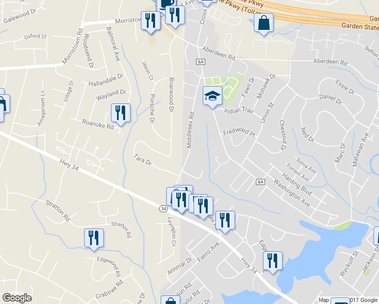 map of restaurants, bars, coffee shops, grocery stores, and more near Middlesex Road in Matawan