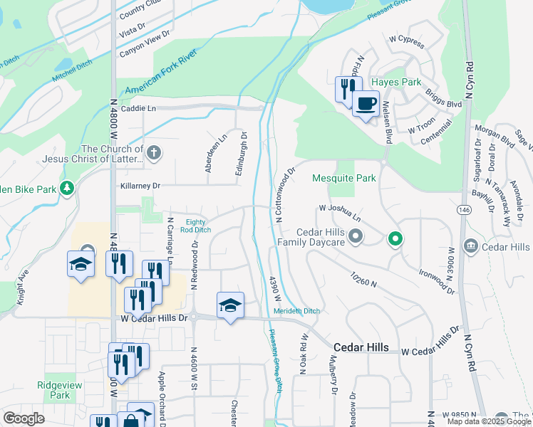 map of restaurants, bars, coffee shops, grocery stores, and more near 4431 West Redwood Drive in Cedar Hills