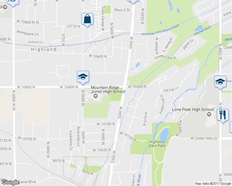 map of restaurants, bars, coffee shops, grocery stores, and more near 5300 West 10400 North in Highland
