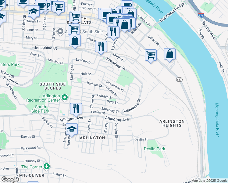 map of restaurants, bars, coffee shops, grocery stores, and more near 2821 Sumner Street in Pittsburgh