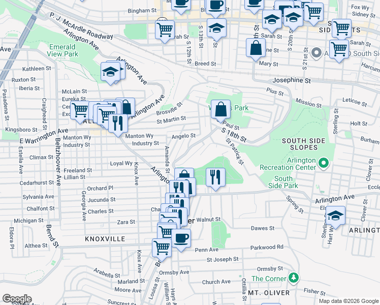 map of restaurants, bars, coffee shops, grocery stores, and more near 2629 South 18th Street in Pittsburgh