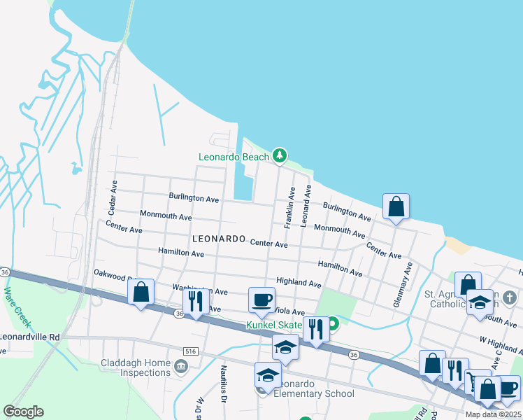 map of restaurants, bars, coffee shops, grocery stores, and more near 58 Burlington Avenue in Middletown Township