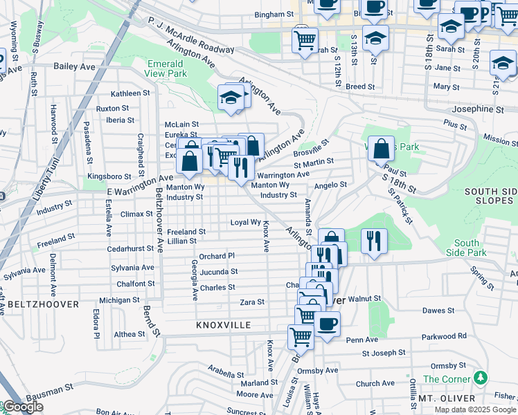 map of restaurants, bars, coffee shops, grocery stores, and more near 1326 Arlington Avenue in Pittsburgh