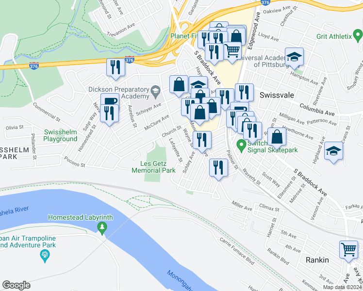 map of restaurants, bars, coffee shops, grocery stores, and more near 2006 Monroe Street in Swissvale