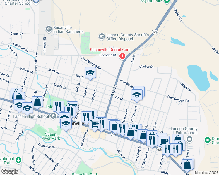 map of restaurants, bars, coffee shops, grocery stores, and more near 1612 5th Street in Susanville