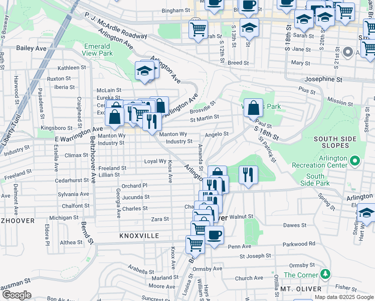 map of restaurants, bars, coffee shops, grocery stores, and more near 980 Proctor Way in Pittsburgh