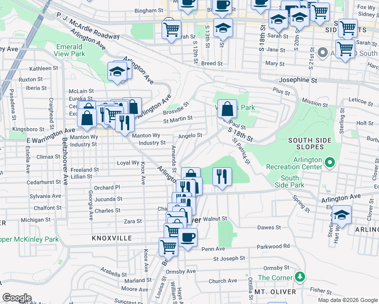 map of restaurants, bars, coffee shops, grocery stores, and more near 38 Mount Oliver Street in Pittsburgh
