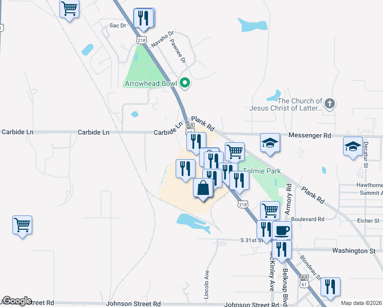 map of restaurants, bars, coffee shops, grocery stores, and more near 3450 Main Street in Keokuk