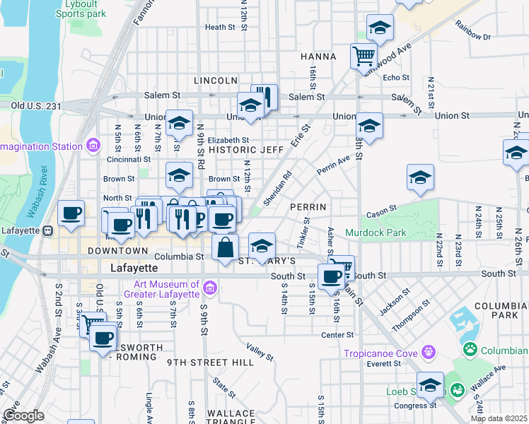 map of restaurants, bars, coffee shops, grocery stores, and more near 1316 Ferry Street in Lafayette